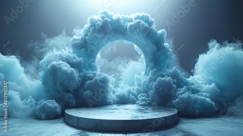 A circular platform scene with fluffy clouds surrounding, creating a dreamy and serene setting, ideal for conceptual art and creative backgrounds. Perfect for visionary projects. photo