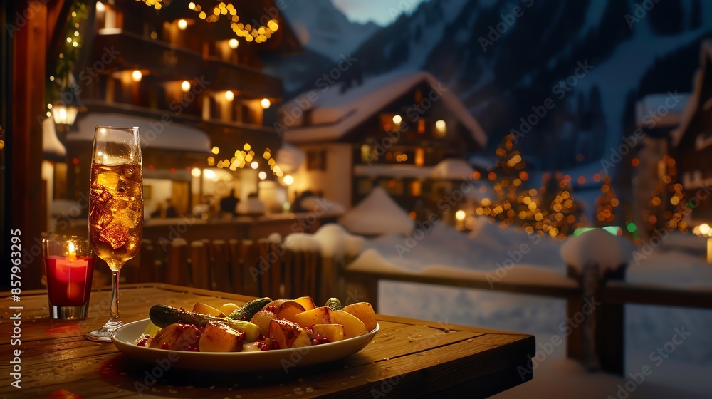 A plate of Swiss raclette with melted cheese served over potatoes and pickles, placed on a wooden board, photographed with a backdrop of a cozy alpine chalet A plate of Swiss raclette with melted cheese served over potatoes and pickles, placed on a wooden board, photographed with a backdrop of a cozy alpine chalet