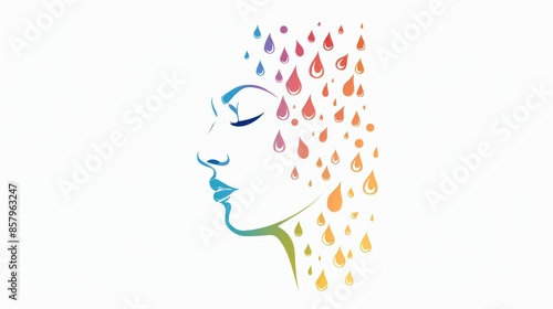 A colorful face with raindrops falling on it. The face is the main focus of the image, and the raindrops add a sense of movement and emotion to the scene. Scene is one of tranquility and calmness