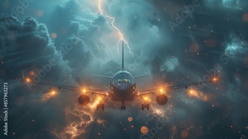 An airplane bravely flies through a fierce thunderstorm, surrounded by lightning bolts, highlighting the strength and determination of modern aviation against nature's fury. photo