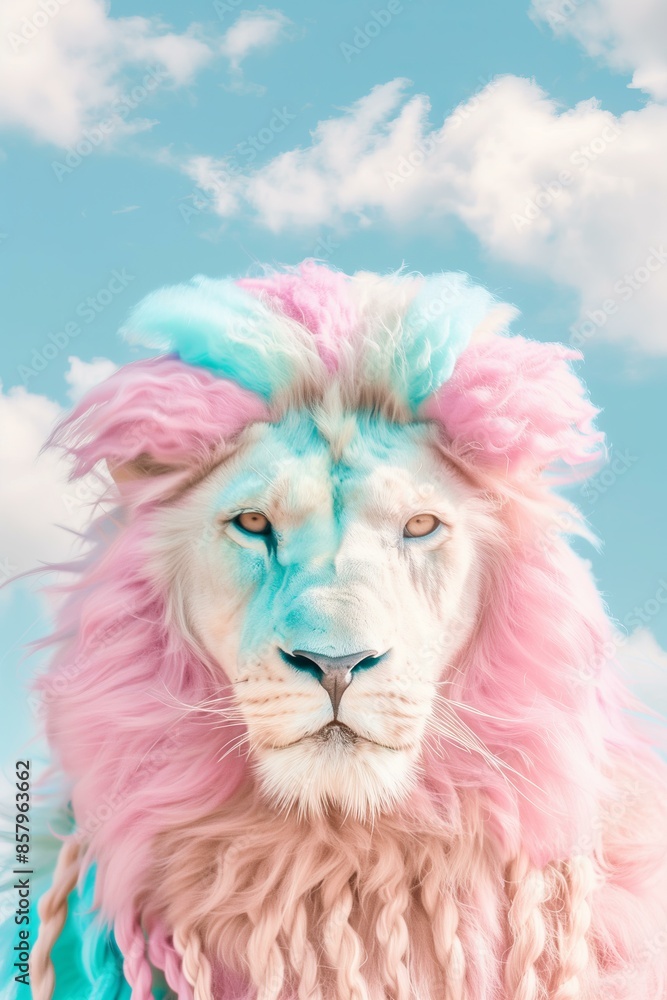 Fototapeta premium lion with pastel colored braids and pastel fur, close up portrait, sunny sky in background