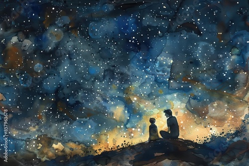 whimsical watercolor painting of a father and son stargazing capturing the wonder and magic of the night sky photo
