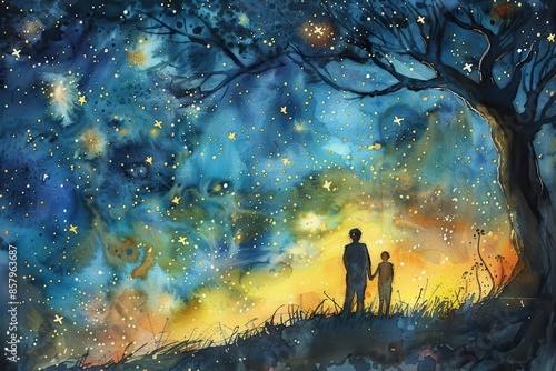 whimsical watercolor painting of a father and son stargazing capturing the wonder and magic of the night sky