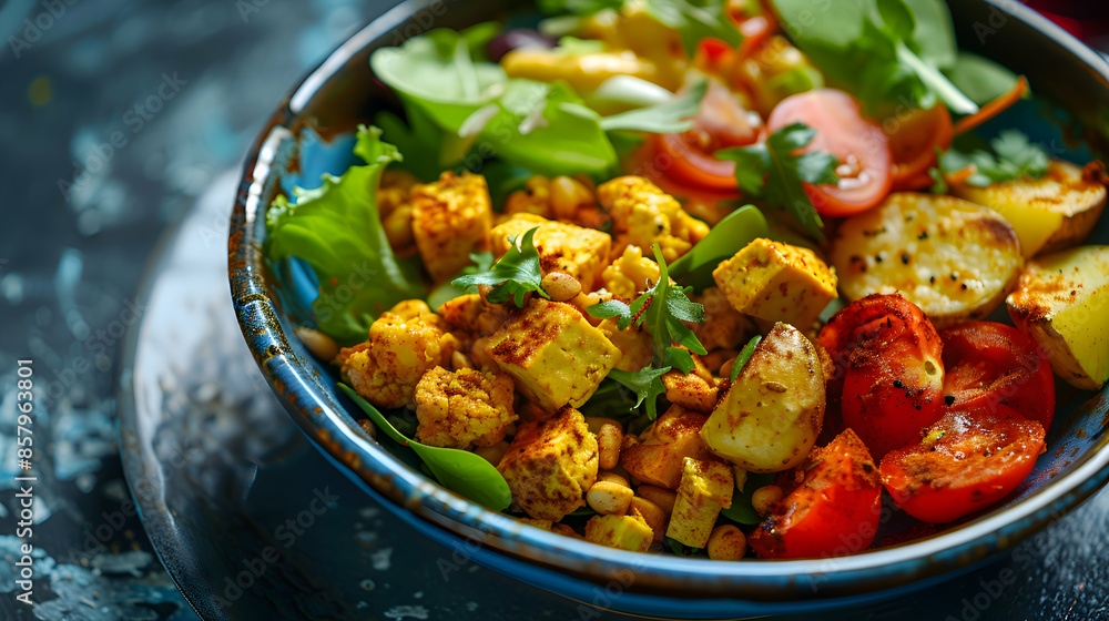 A vibrant fast food vegan breakfast bowl with tofu scramble, roasted potatoes, and fresh vegetables A vibrant fast food vegan breakfast bowl with tofu scramble, roasted potatoes, and fresh vegetables