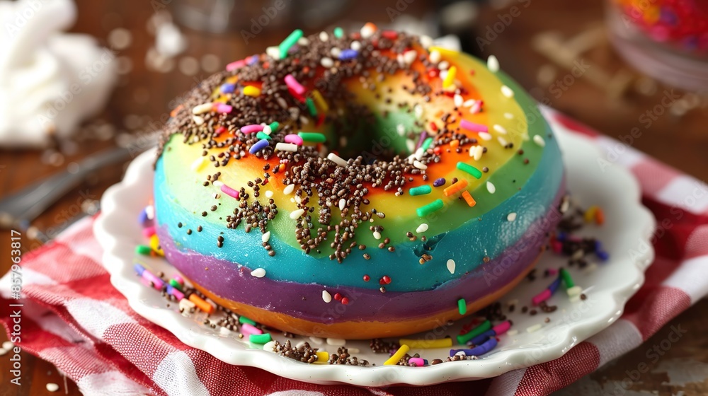 Rainbow Sprinkle Donut on White Plate Rainbow Sprinkle Donut on White Plate