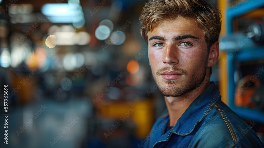 A young man in work attire stands in a busy workshop, conveying a sense of diligence and focus amidst the bustling environment filled with tools and machinery. A young man in work attire stands in a busy workshop, conveying a sense of diligence and focus amidst the bustling environment filled with tools and machinery.