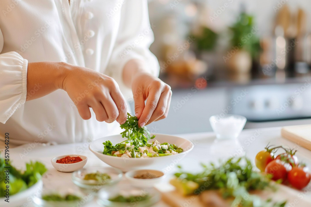 Hands garnishing a fresh salad with parsley in a home kitchen, with various ingredients and spices around on a counter.. Hands garnishing a fresh salad with parsley in a home kitchen, with various ingredients and spices around on a counter..