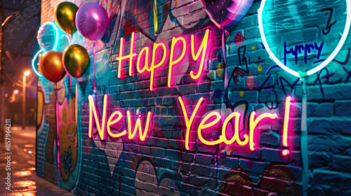 Happy New Year neon text font graffiti vibrant party mural urban art street graffiti brick wall balloons theme banner pink yellow bright spray painted colorful cheerful vibrant city nightlife bar club
