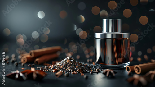 Silver perfume bottle with a metallic sheen, filled with a spicy, oriental fragrance, placed on a black lacquer surface photo