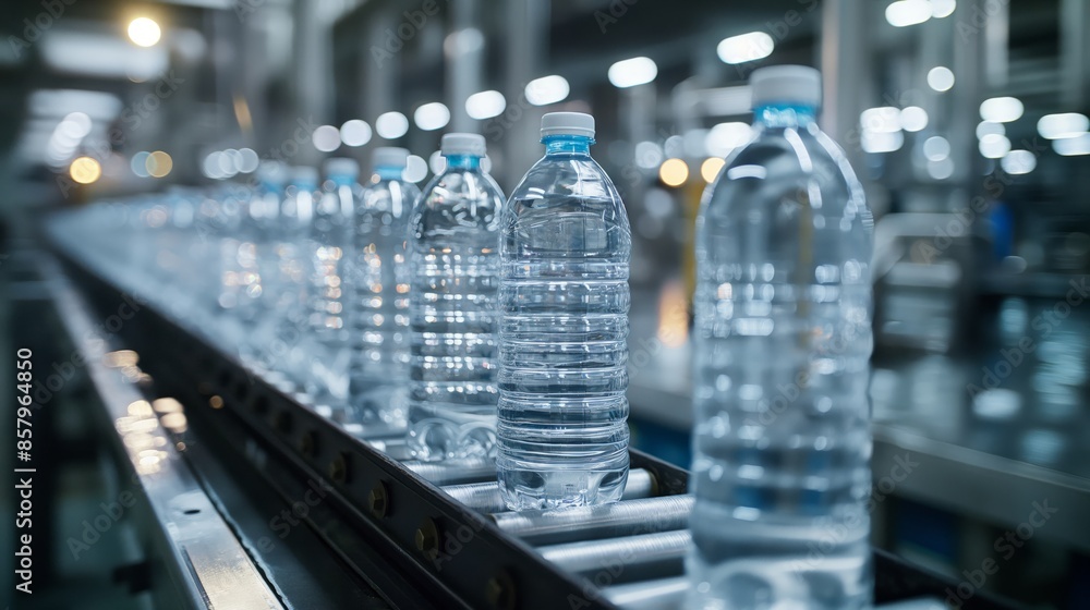 A modern industrial scene of a conveyor belt lined with rows of clear water bottles in a manufacturing plant, reflecting light and precision. A modern industrial scene of a conveyor belt lined with rows of clear water bottles in a manufacturing plant, reflecting light and precision.