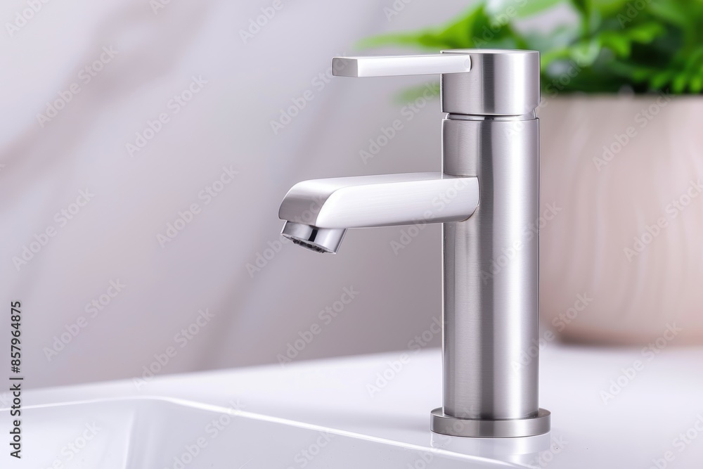 Modern stainless steel bathroom faucet in a contemporary bathroom setting with a blurred plant in the background. Modern stainless steel bathroom faucet in a contemporary bathroom setting with a blurred plant in the background.