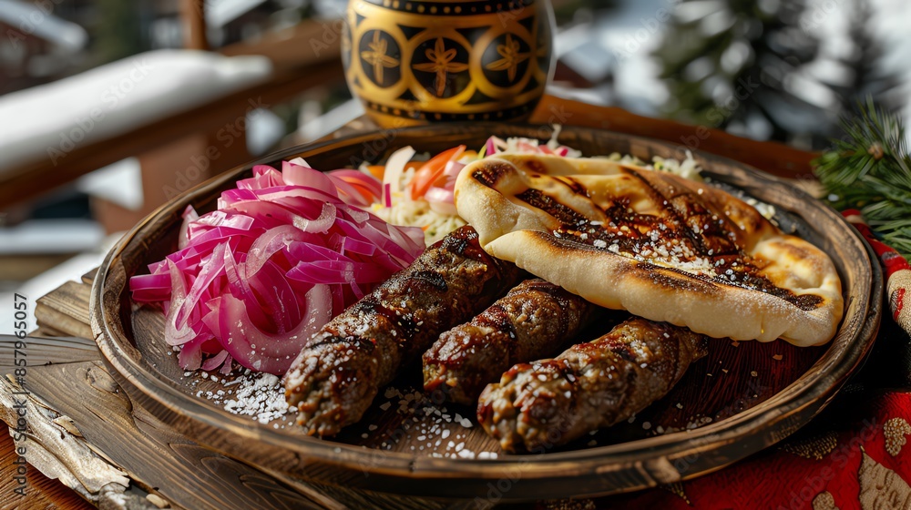Fototapeta premium A serving of Bosnian cevapi with grilled minced meat sausages, served with flatbread and onions, placed on a wooden plate with a view of a snowy Bosnian village