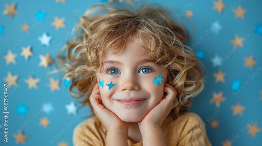 A happy child with blonde hair and bright blue eyes poses with blue star stickers on their face, on a blue background filled with more stars, looking playful and imaginative. A happy child with blonde hair and bright blue eyes poses with blue star stickers on their face, on a blue background filled with more stars, looking playful and imaginative.