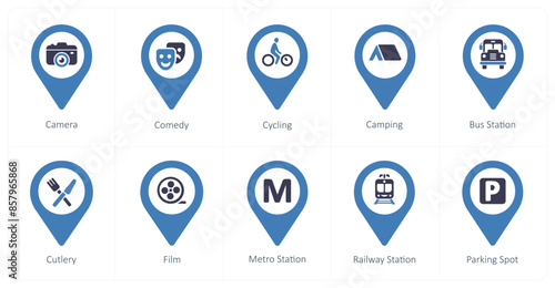 A set of 10 Location Pointer icons as camera, comedy, cycling
