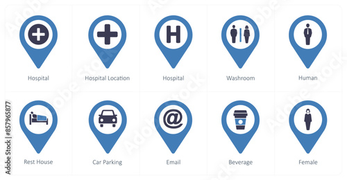 A set of 10 Location Pointer icons as hospital, hospital location, washroom