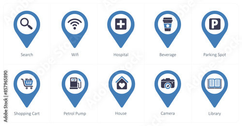 A set of 10 Location Pointer icons as search, wifi, hospital