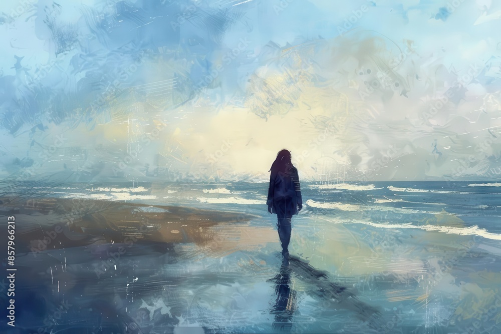 young woman walking alone on beach solitude and contemplation concept digital painting young woman walking alone on beach solitude and contemplation concept digital painting