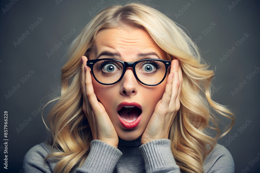 A shocked blonde woman in glasses holds her head with both hands, staring at the camera A shocked blonde woman in glasses holds her head with both hands, staring at the camera