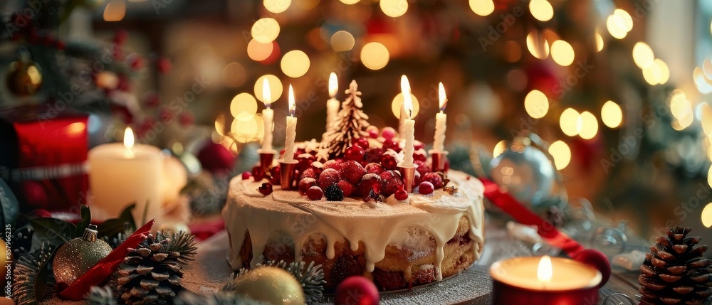 Another image of a decorated holiday cake with candles