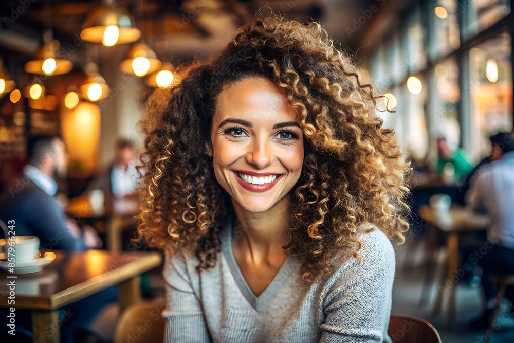 Radiant woman with curly hair smiling warmly in a social café scene Radiant woman with curly hair smiling warmly in a social café scene