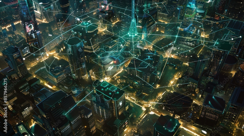A vivid depiction of a smart city network, illustrating interconnected data points and a bustling urban skyline at night in urban background A vivid depiction of a smart city network, illustrating interconnected data points and a bustling urban skyline at night in urban background