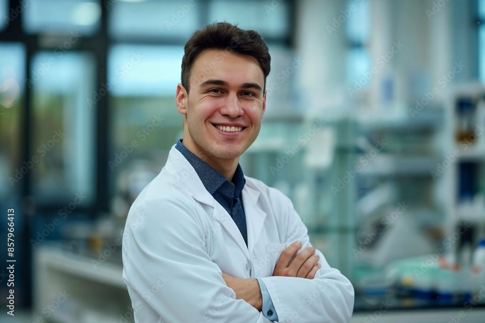 Handsome young man in a lab coat stands with arms crossed, smiling confidently in a modern laboratory Handsome young man in a lab coat stands with arms crossed, smiling confidently in a modern laboratory