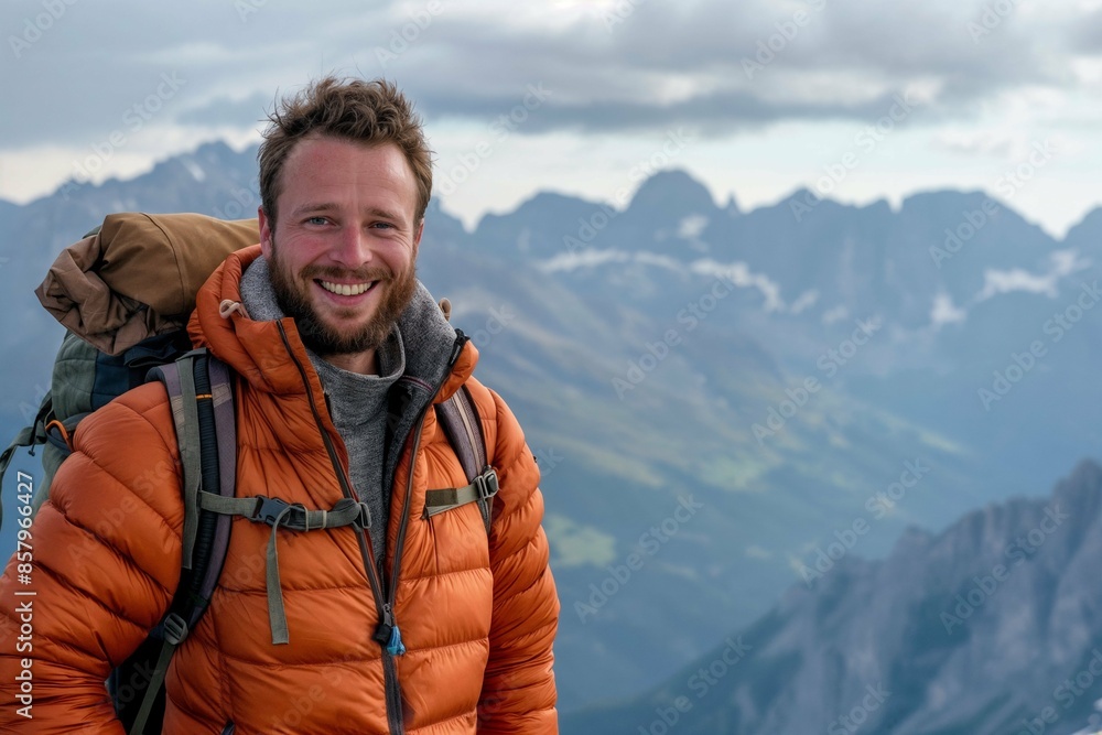 An attractive man in his late thirties, wearing outdoor gear and smiling at the camera while hiking on a mountain top An attractive man in his late thirties, wearing outdoor gear and smiling at the camera while hiking on a mountain top