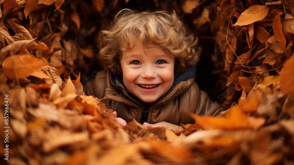Kid surrounded by colorful autumn leaves, playful and happy Kid surrounded by colorful autumn leaves, playful and happy