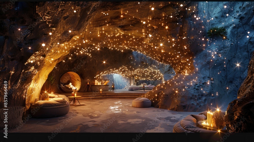 Twinkling lights within the cave-like space invite a sense of magic and mystery Twinkling lights within the cave-like space invite a sense of magic and mystery