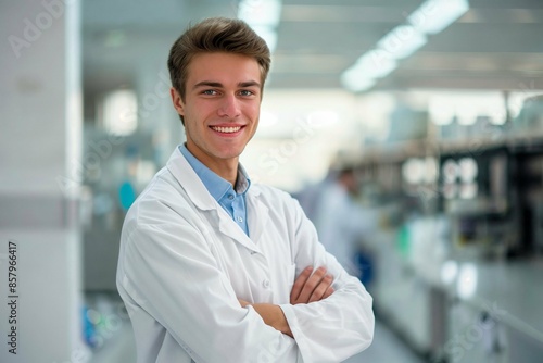 Handsome Young Man in Lab Coat Smiling with Arms Crossed in Modern Laboratory