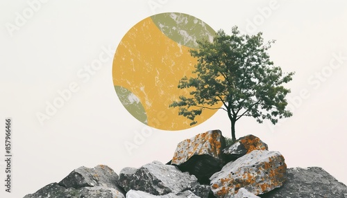 Symbolic nature collage with tree and rock on white background in high quality sunny day photo