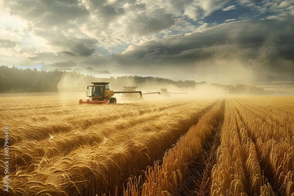 Fototapeta premium Another image of harvesters collecting wheat in a field