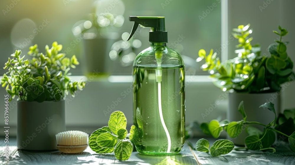 A green bottle with a pump top is placed on a surface, illuminated by natural sunlight with lush green plants in the background, evoking a sense of freshness and nature. A green bottle with a pump top is placed on a surface, illuminated by natural sunlight with lush green plants in the background, evoking a sense of freshness and nature.