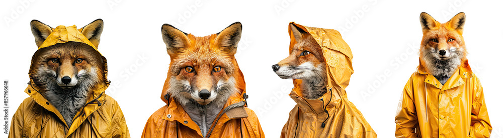 Fototapeta premium set of fox wearing yellow raincoat 