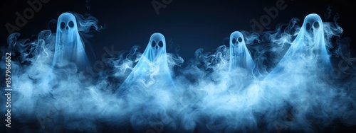 A group of ghostly figures are floating in a blue fog. The fog is thick and dense, creating an eerie atmosphere. The ghosts are scattered throughout the fog, with some closer to the foreground photo
