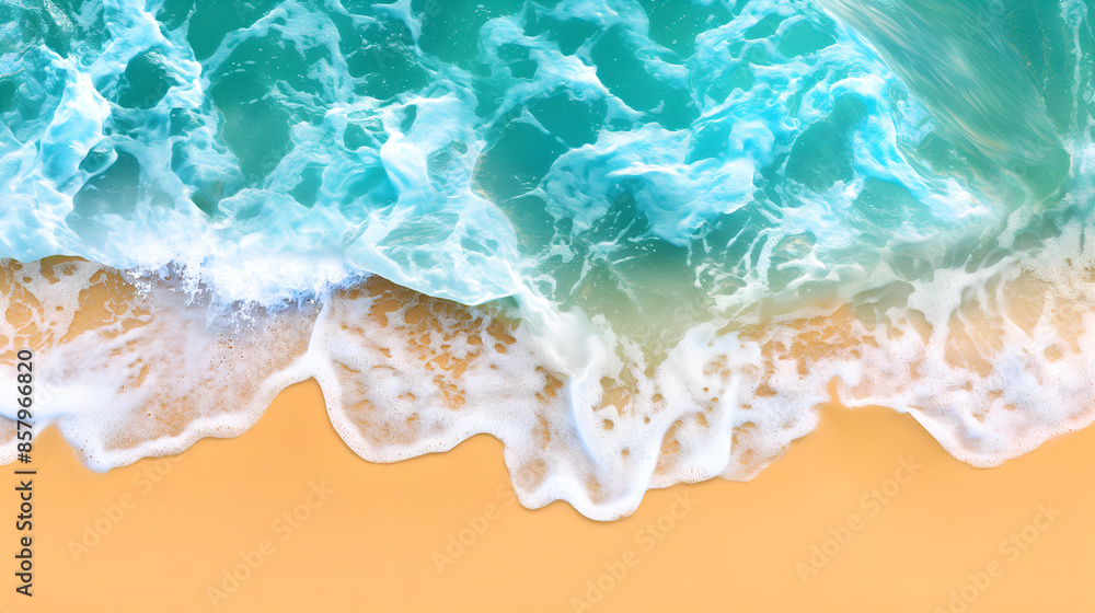 Fototapeta premium Abstract Sand Beach from Above with Light Blue Waves and Sunlight, Ideal for Summer Vacation and Spa Concepts