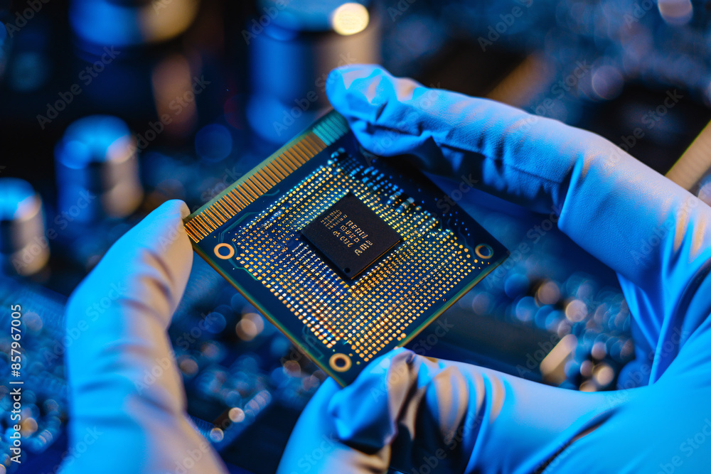 A C-shaped computer processor was held in hand with blue gloves on a dark background. A macro photograph showed a chip for hardware repair or future technology concept. Black, white and gold colors we A C-shaped computer processor was held in hand with blue gloves on a dark background. A macro photograph showed a chip for hardware repair or future technology concept. Black, white and gold colors we