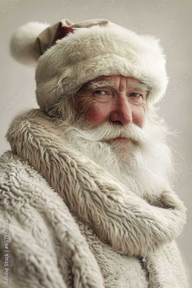 A man with a white beard and a white hat is standing in front of a white background. He looks stern and serious A man with a white beard and a white hat is standing in front of a white background. He looks stern and serious