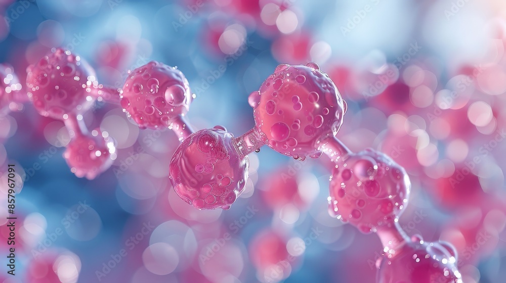 This image showcases a detailed close-up view of molecular structures, represented in an artistic style with a blend of pink and blue colors, highlighting the bonds and textures. This image showcases a detailed close-up view of molecular structures, represented in an artistic style with a blend of pink and blue colors, highlighting the bonds and textures.