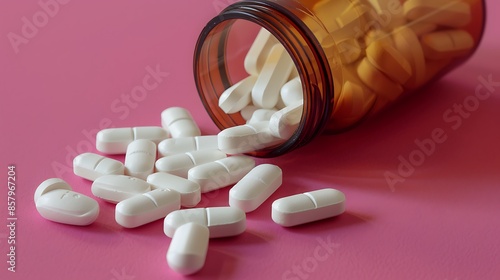 white medicine capsules spill out from transparent bottle and isolated on mehroon background photo