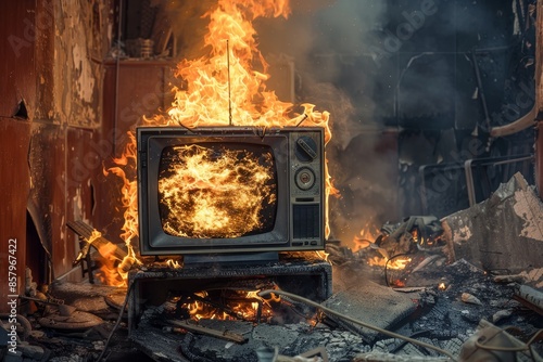 Television engulfed in intense flames at home, creating a destructive and fiery scene