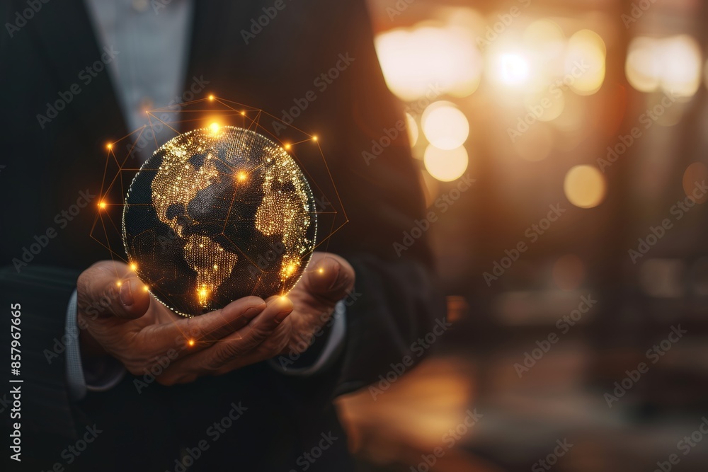 Fototapeta premium Businessman with global business globe for digital marketing and technology development support