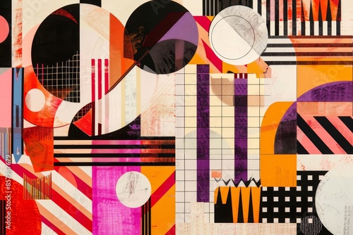 Colorful geometric patterns with vibrant shapes and lines in an intricate abstract arrangement