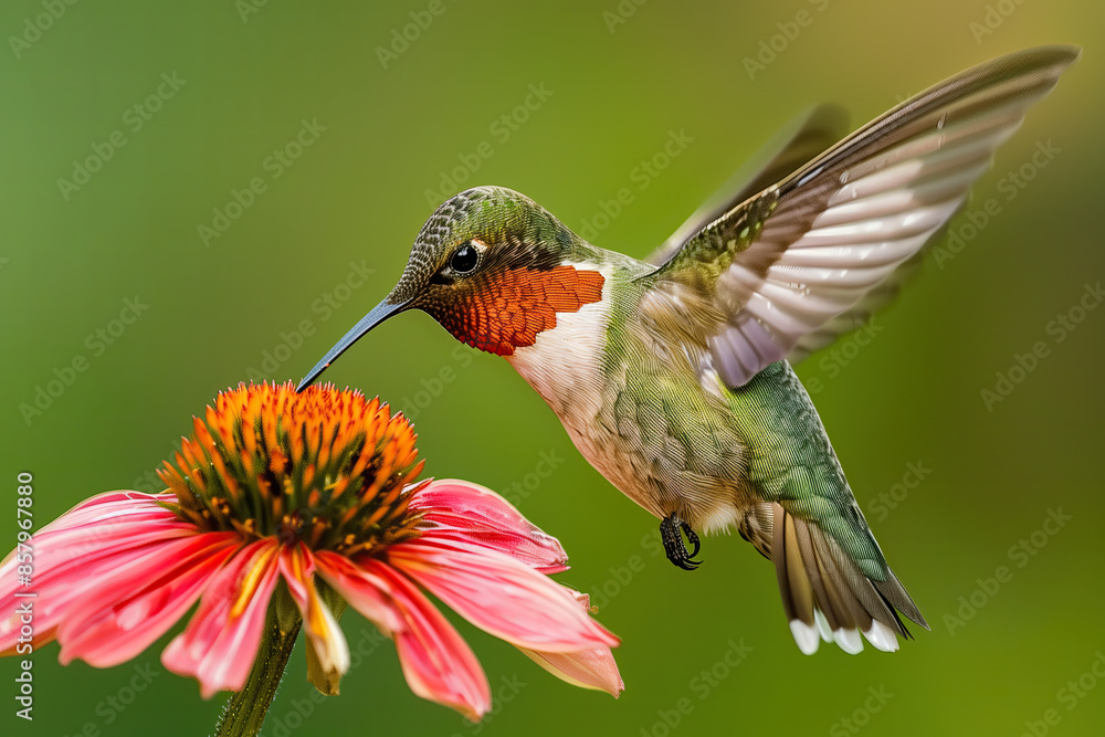 Fototapeta premium A hummingbird in flight and a flower