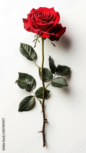 A single red rose stands tall, displaying its vibrant petals and green, thorny stem against a stark white background.