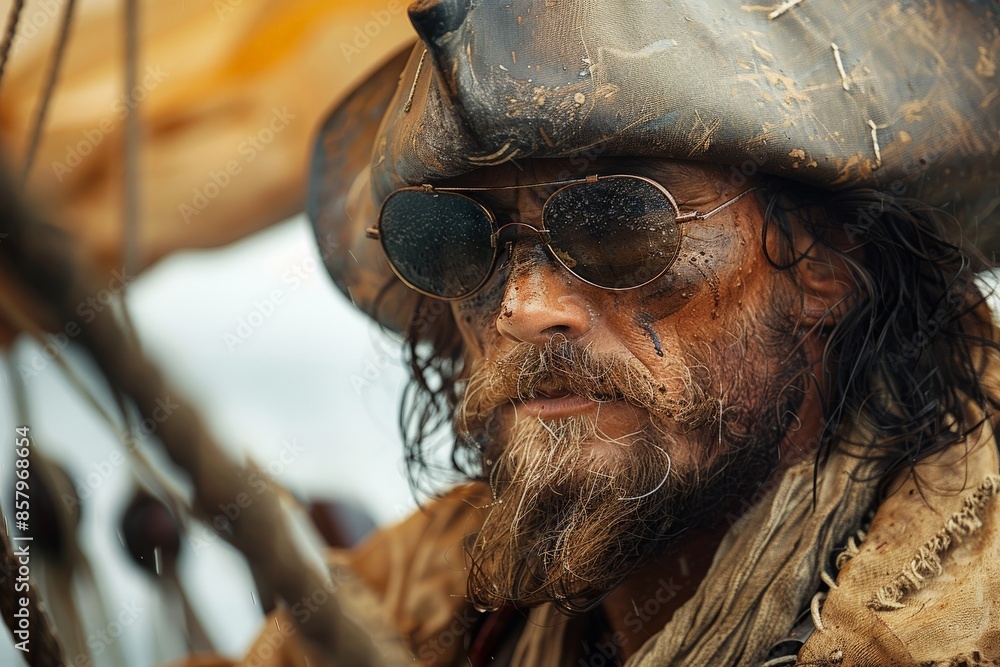 A captivating image of a pirate dressed in rugged attire, complete with a hat, aboard a traditional sailing ship, perfect for stock photography and storytelling. A captivating image of a pirate dressed in rugged attire, complete with a hat, aboard a traditional sailing ship, perfect for stock photography and storytelling.