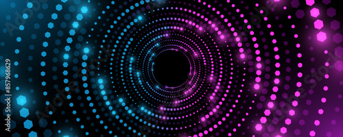 Abstract swirling circles of glowing blue and purple hexagons. Big Data visualization into cyberspace. Vortex pattern of honeycombs with light effect. Futuristic background. Vector illustration.
