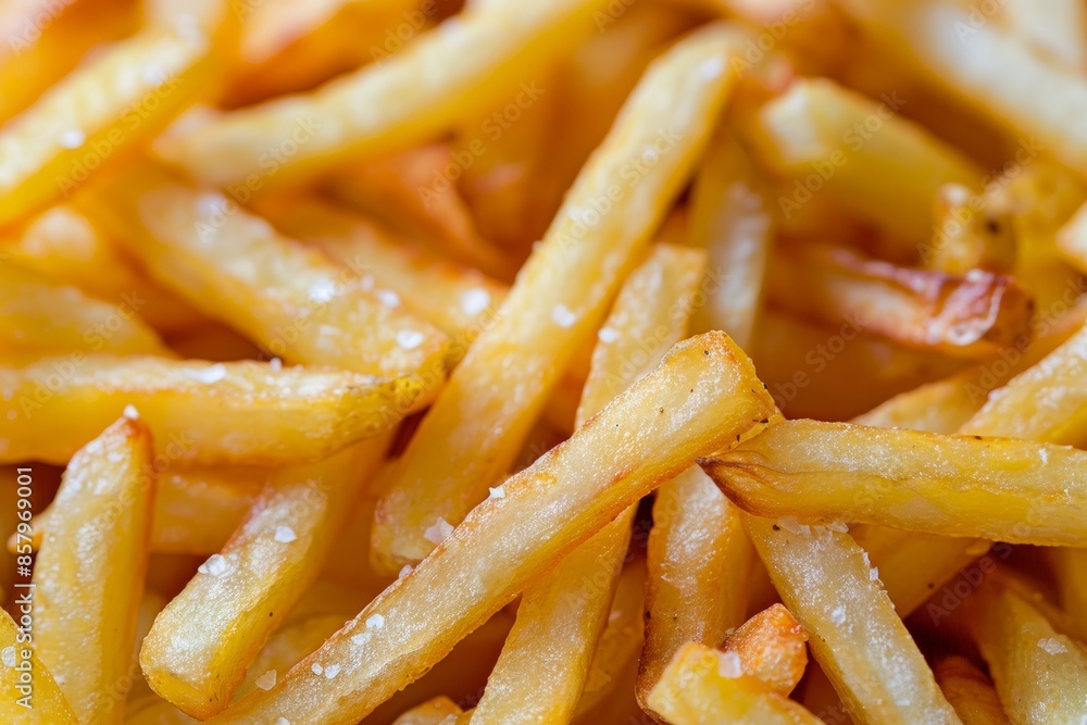 Close up of deep fried french fries, showcasing perfectly crispy and golden brown texture Close up of deep fried french fries, showcasing perfectly crispy and golden brown texture