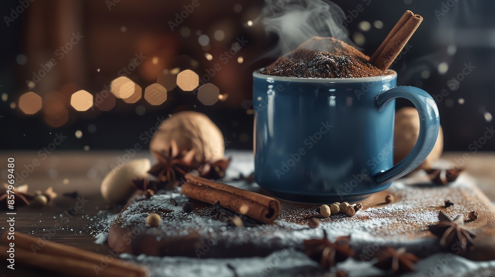 A steaming mug of Turkish salep with cinnamon and a sprinkle of nutmeg, served in a ceramic mug, photographed in a cozy setting with snow outside A steaming mug of Turkish salep with cinnamon and a sprinkle of nutmeg, served in a ceramic mug, photographed in a cozy setting with snow outside