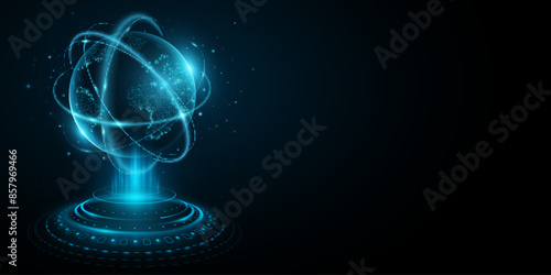 Hologram of futuristic planet Earth with digital glowing map of dots. Hi-tech HUD circles. Abstract rings in the orbit with stars on dark background. Global communication system. Vector illustration. 